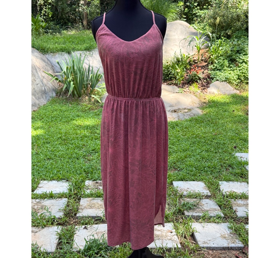 Prana Womens Pink Palm Leaf Print Midi Dress V-Neck Elastic‎ Waist Racerback M